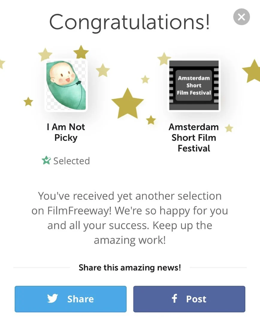 Amsterdam Short Film Festival selection notice for I Am Not Picky