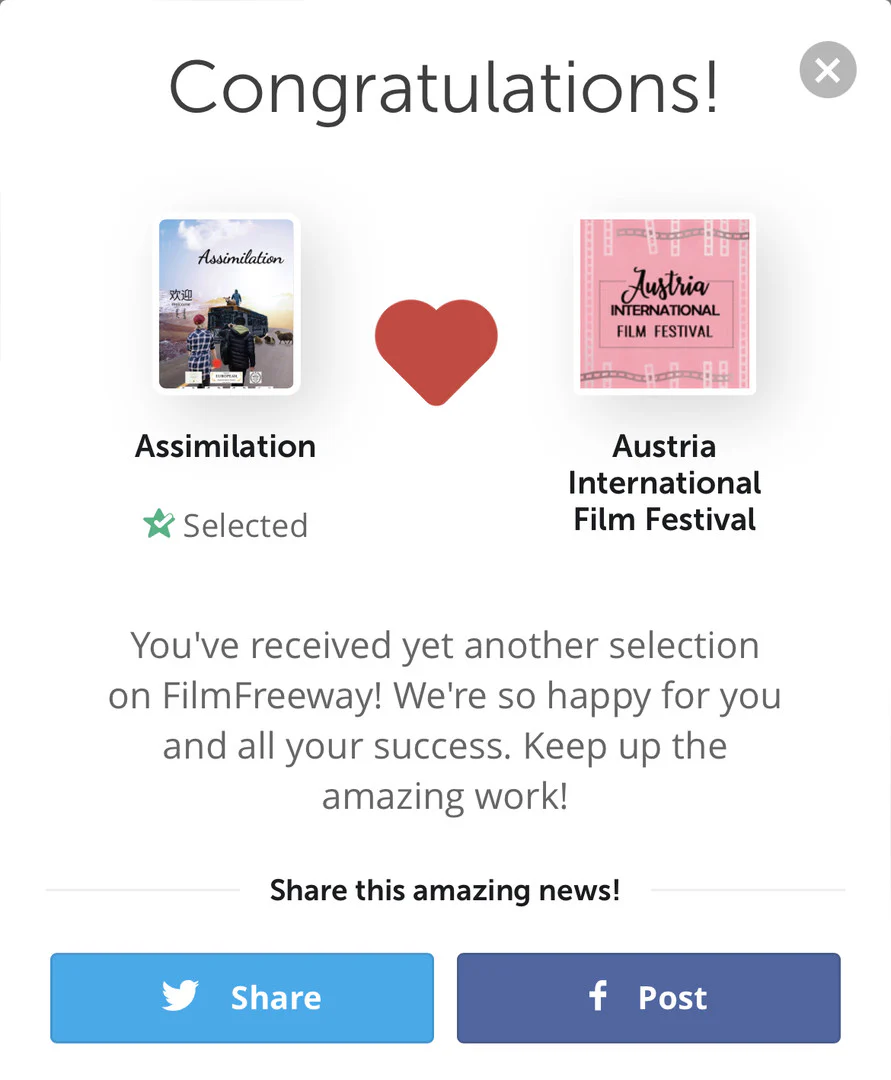 Austria International Film Festival selection notice for Assimilation