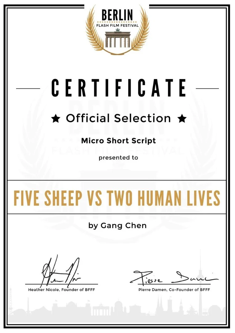 Berlin International Film Festival official selection certificate for Five Sheep vs Two Human Lives in the Micro Short Script category