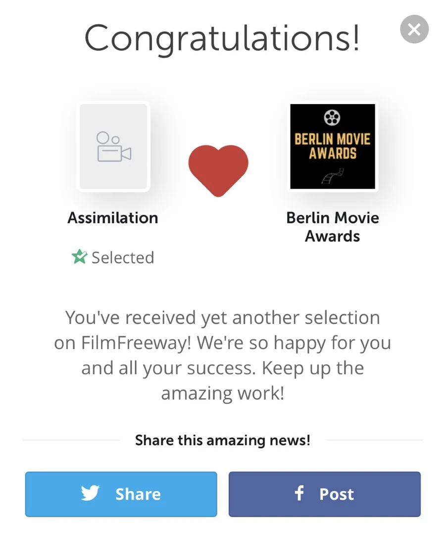 Berlin Movie Awards selection notice for Assimilation