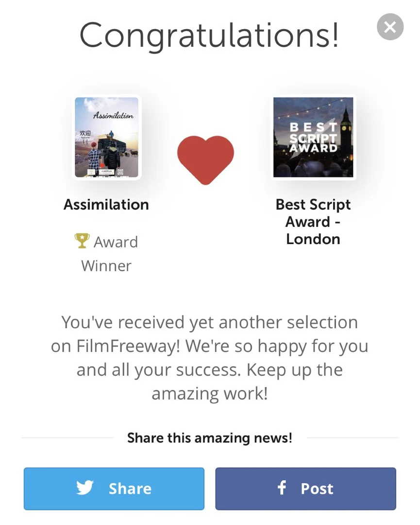 Best Script Award London winner notice for Assimilation