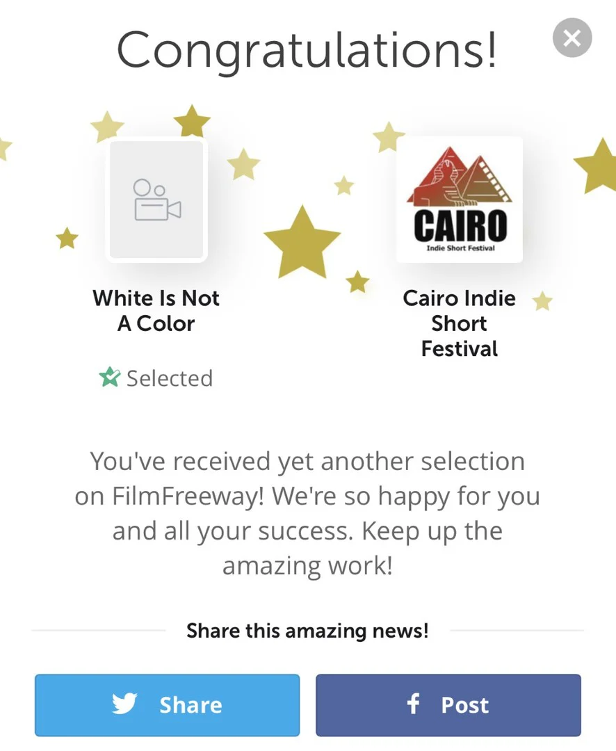 Cairo Indie Short Festival selection notice for White Is Not a Color