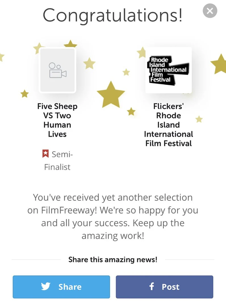 Flickers Rhode Island International Film Festival semi-finalist notice for Five Sheep vs Two Human Lives