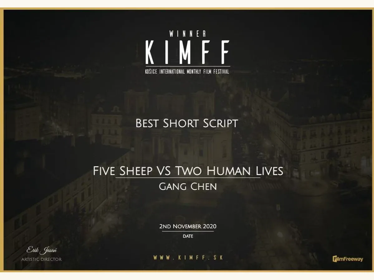 Košice International Monthly Film Festival Best Short Script recognition for Five Sheep Versus Two Human Lives