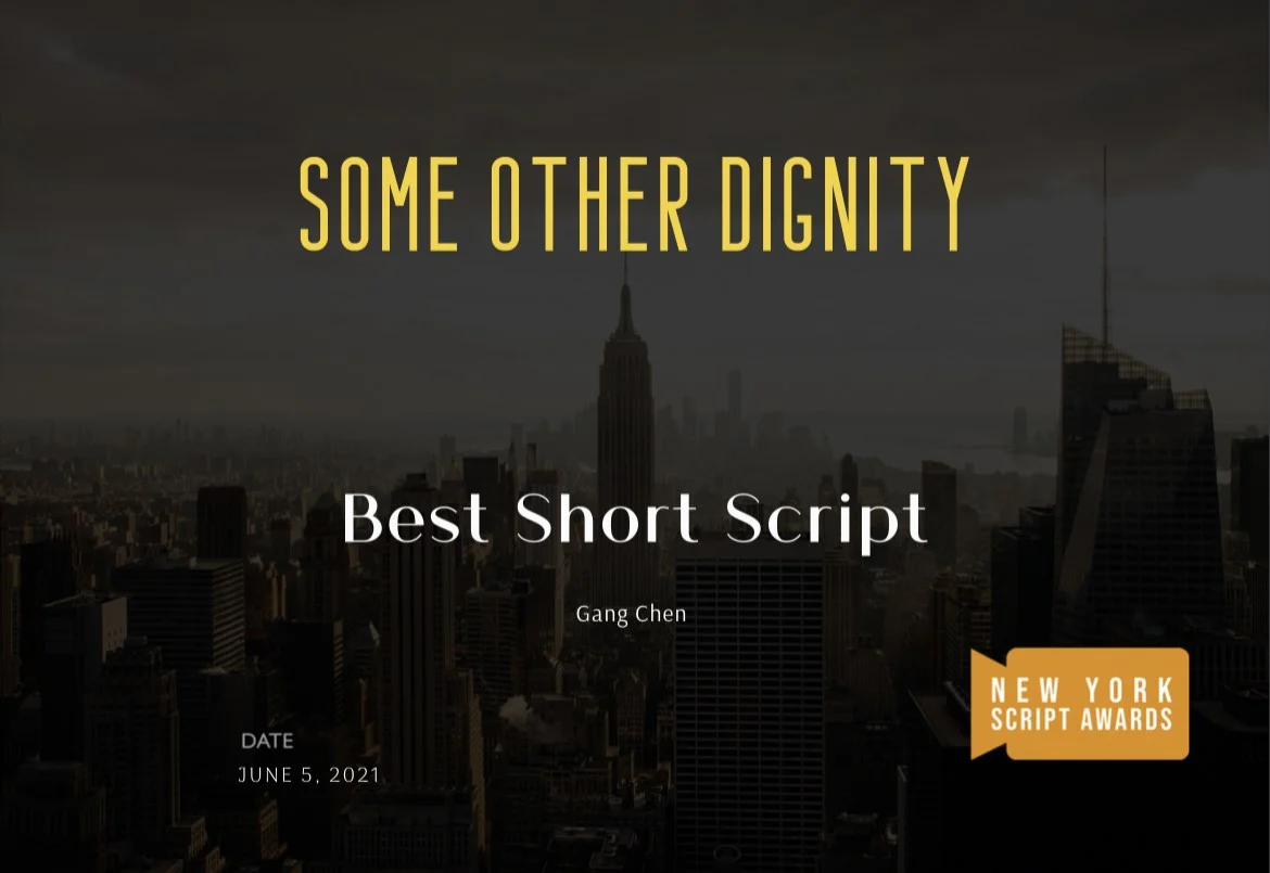 New York Script Awards certificate for Best Short Script, Some Other Dignity, dated June 5, 2020