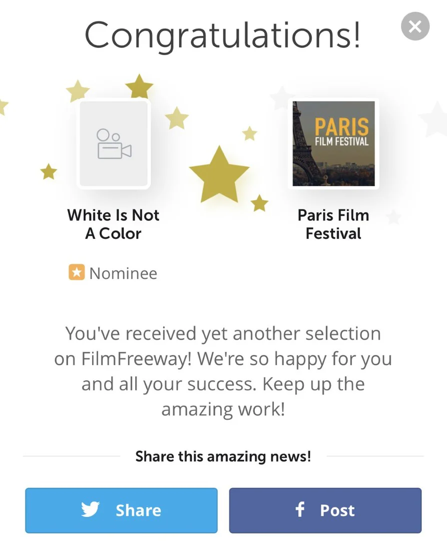 Paris Film Festival nominee notice for White Is Not a Color
