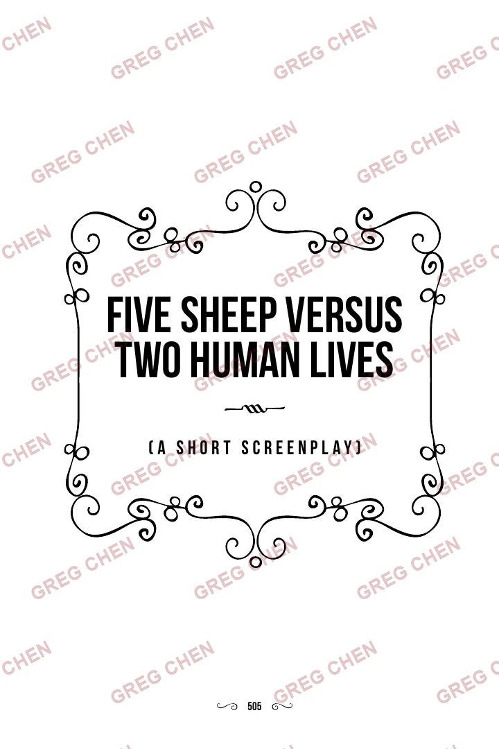 Page 1 excerpt from Five Sheep Versus Two Human Lives, watermarked GREG CHEN